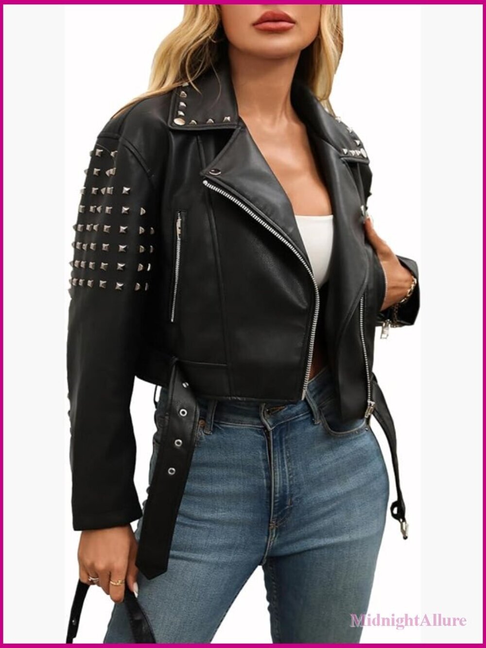 Rivet Studded Faux Leather Cropped Moto Jacket Punk Streetwear Coat